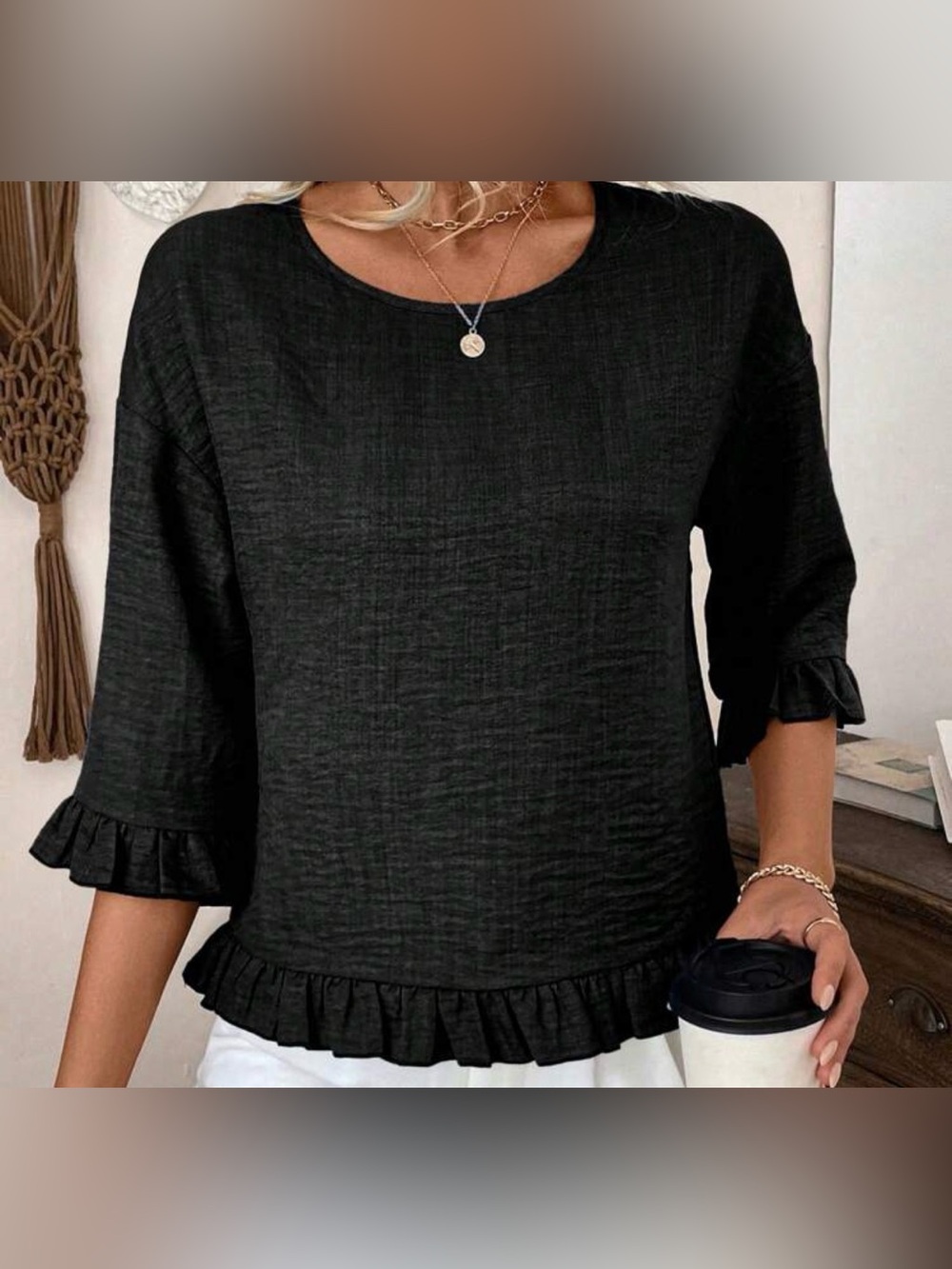 SHEIN Black Ruffle Hem Tunic Top, L (NEW)
